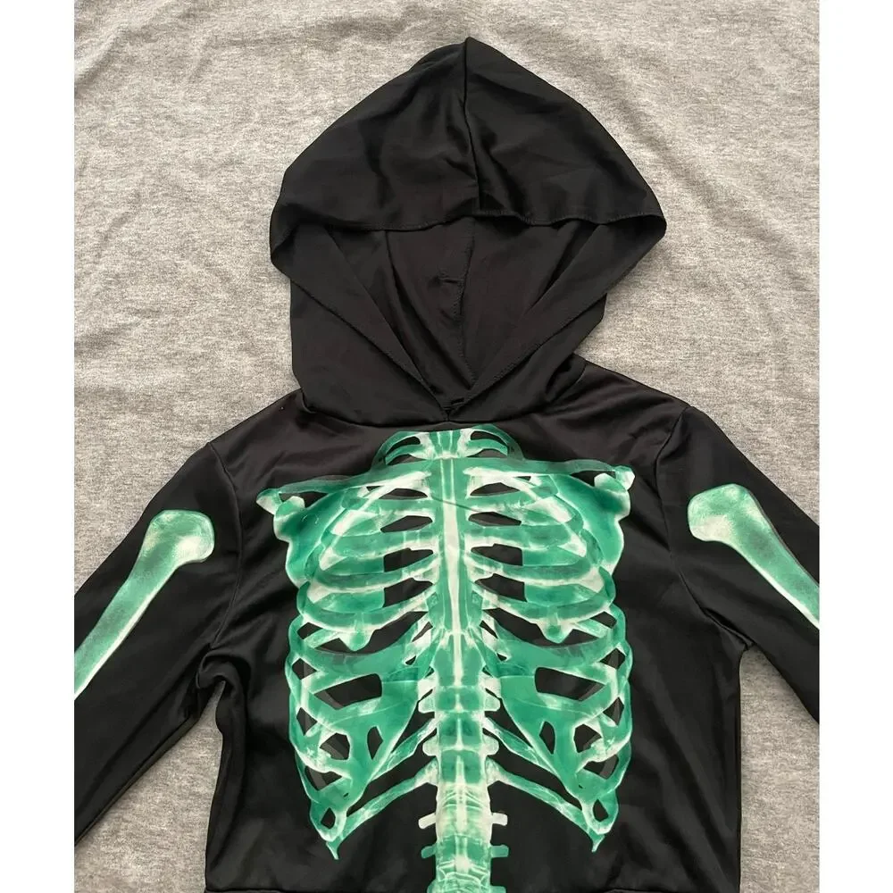 New Skeleton Kids Size M/8-10 Yrs Glow in the Dark Black Halloween Costume
